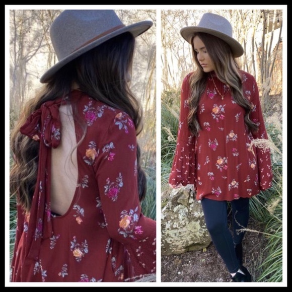 FREE PEOPLE BOHO FLOWY TUNIC FLORAL BOHEMIAN PRINT OPEN TIE BACK MINI DRESS NWT - Picture 4 of 12